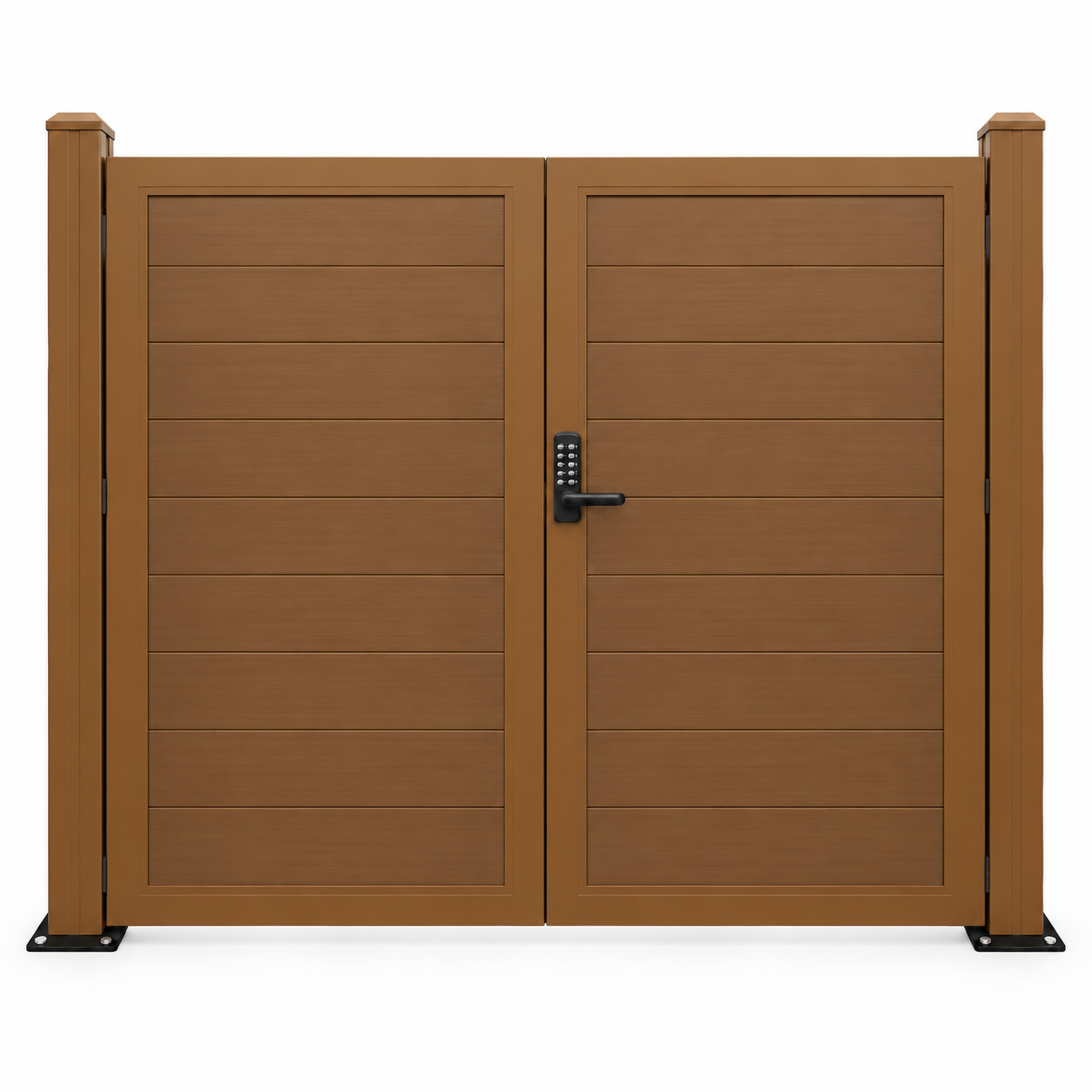 NeoLine 6′ × 6′ double swing gate in Honey Oak, outside view, with a brushed finish, matching posts and PIN-code lock