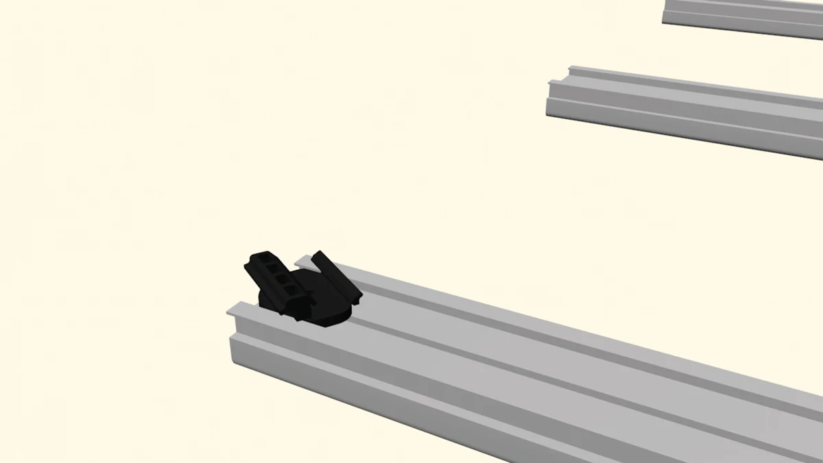 A concealed clip positioned in an aluminum joist channel in NeoLine’s installation animation