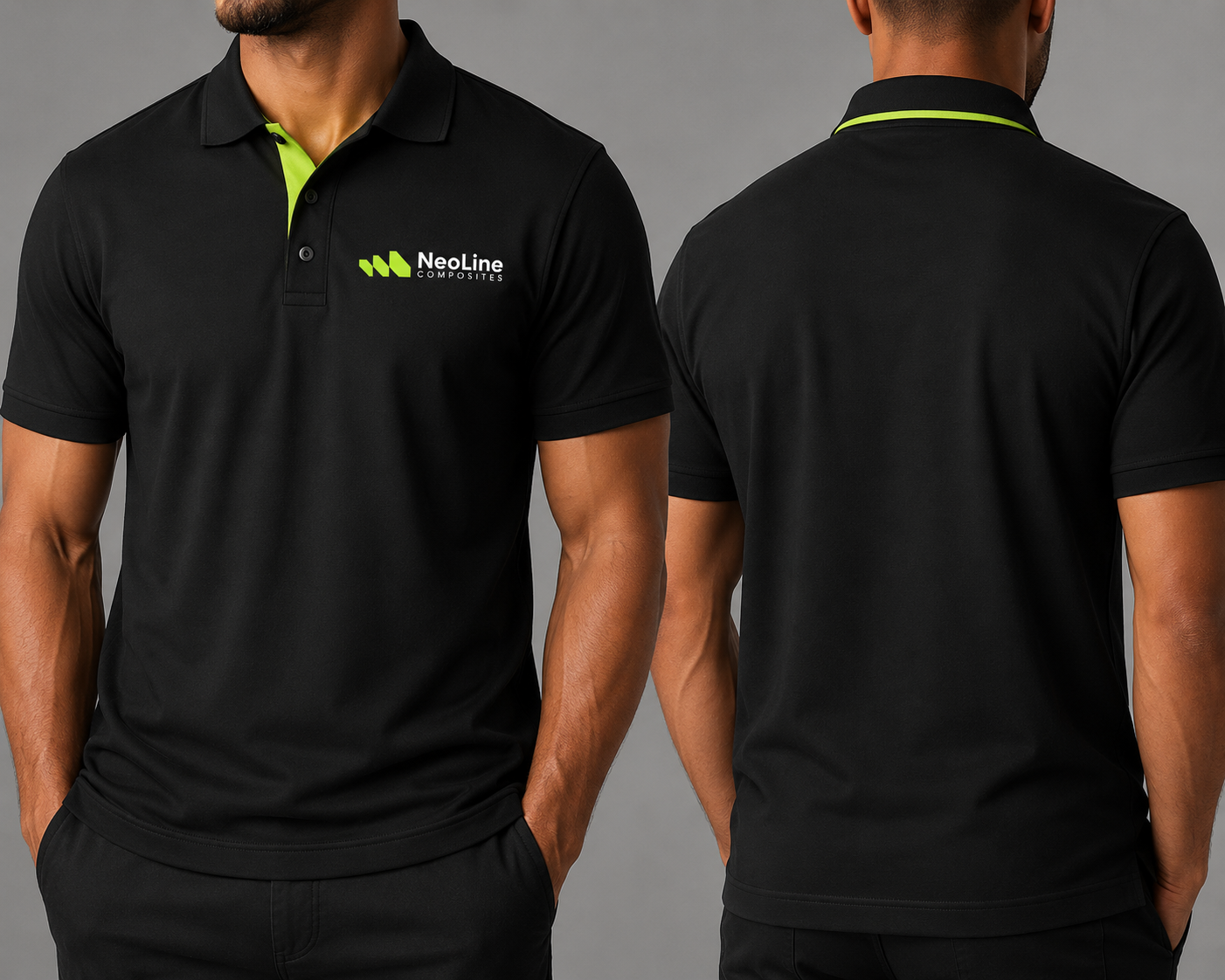 Black NeoLine Composites polo shirt with lime icon and white wordmark