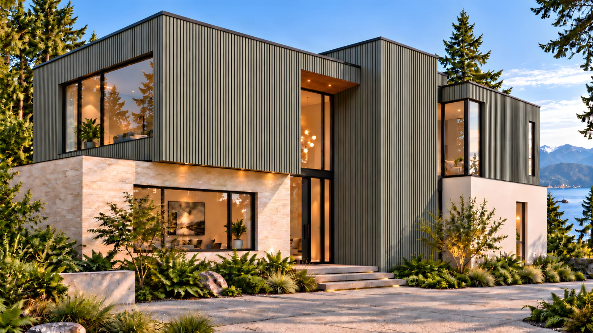 Desert Sage fluted siding on an upper-floor feature — architectural visualization