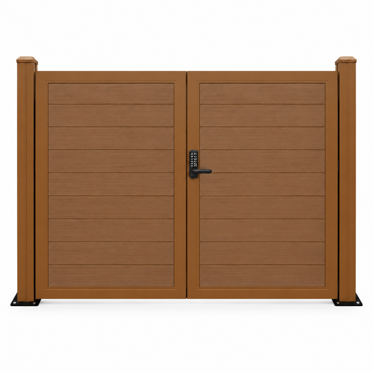 NeoLine 8′ × 6′ double swing gate in Honey Oak, outside view, with a brushed finish, matching posts and PIN-code lock