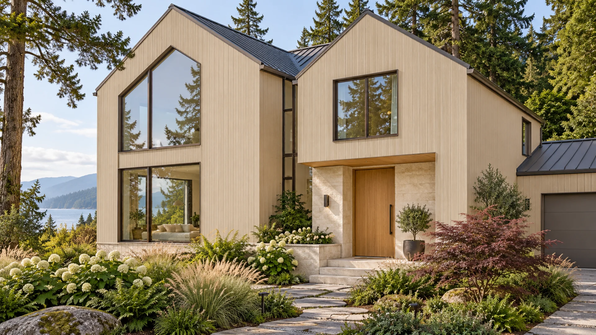 Pebble Beige panel siding on a contemporary home — architectural visualization