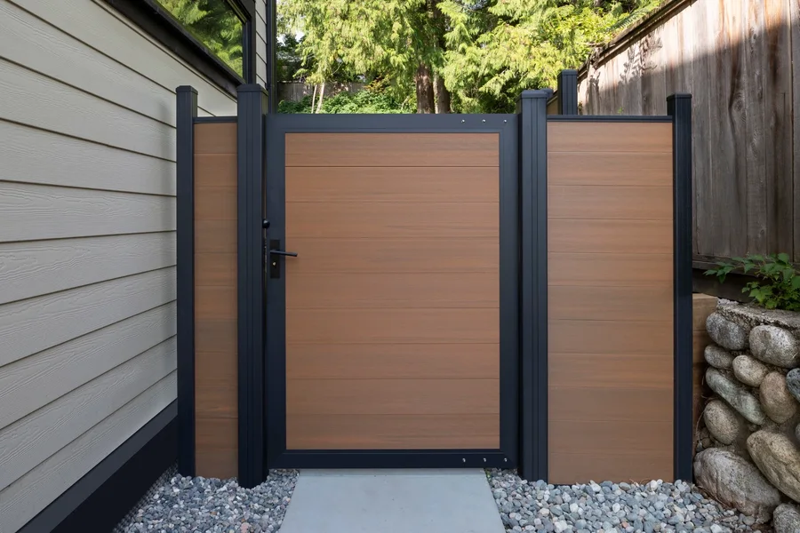 Honey Oak side gate with a black aluminum frame beside the Arborlynn home