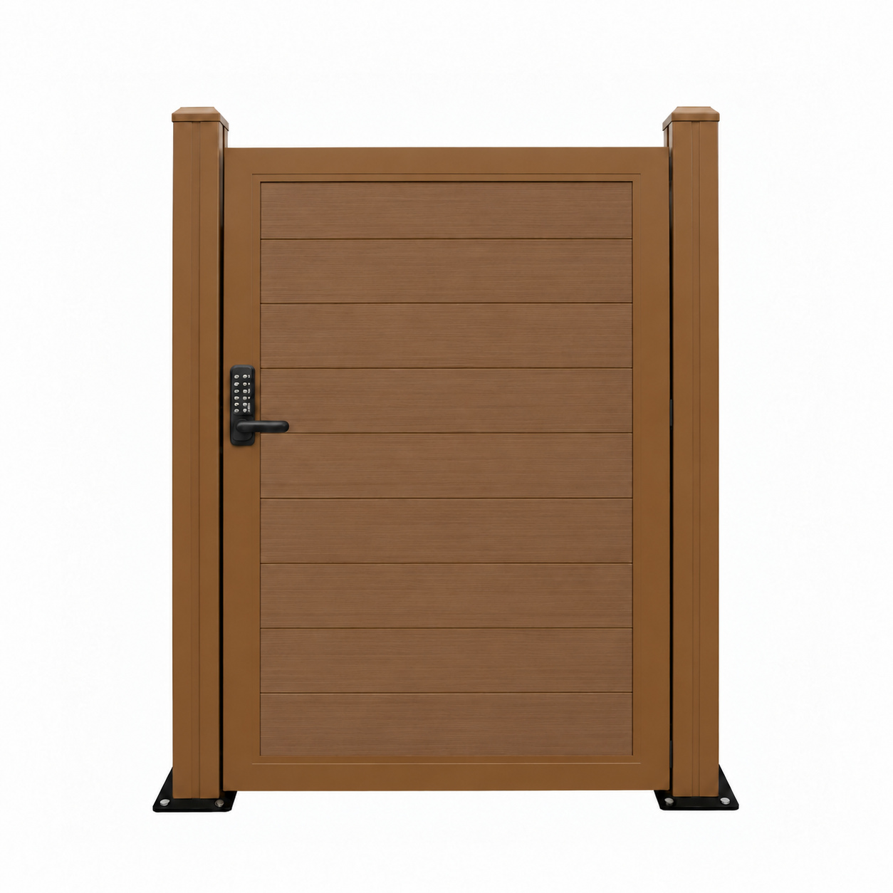 NeoLine 4′ × 6′ single gate in Honey Oak, outside view, with a brushed finish, matching posts and PIN-code lock