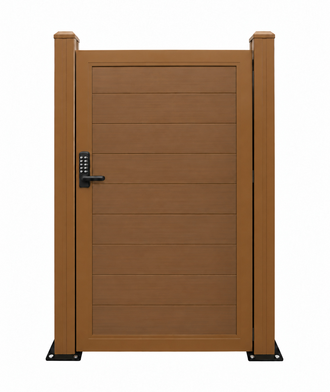 NeoLine 3′ × 6′ single gate in Honey Oak, outside view, with a brushed finish, matching posts and PIN-code lock