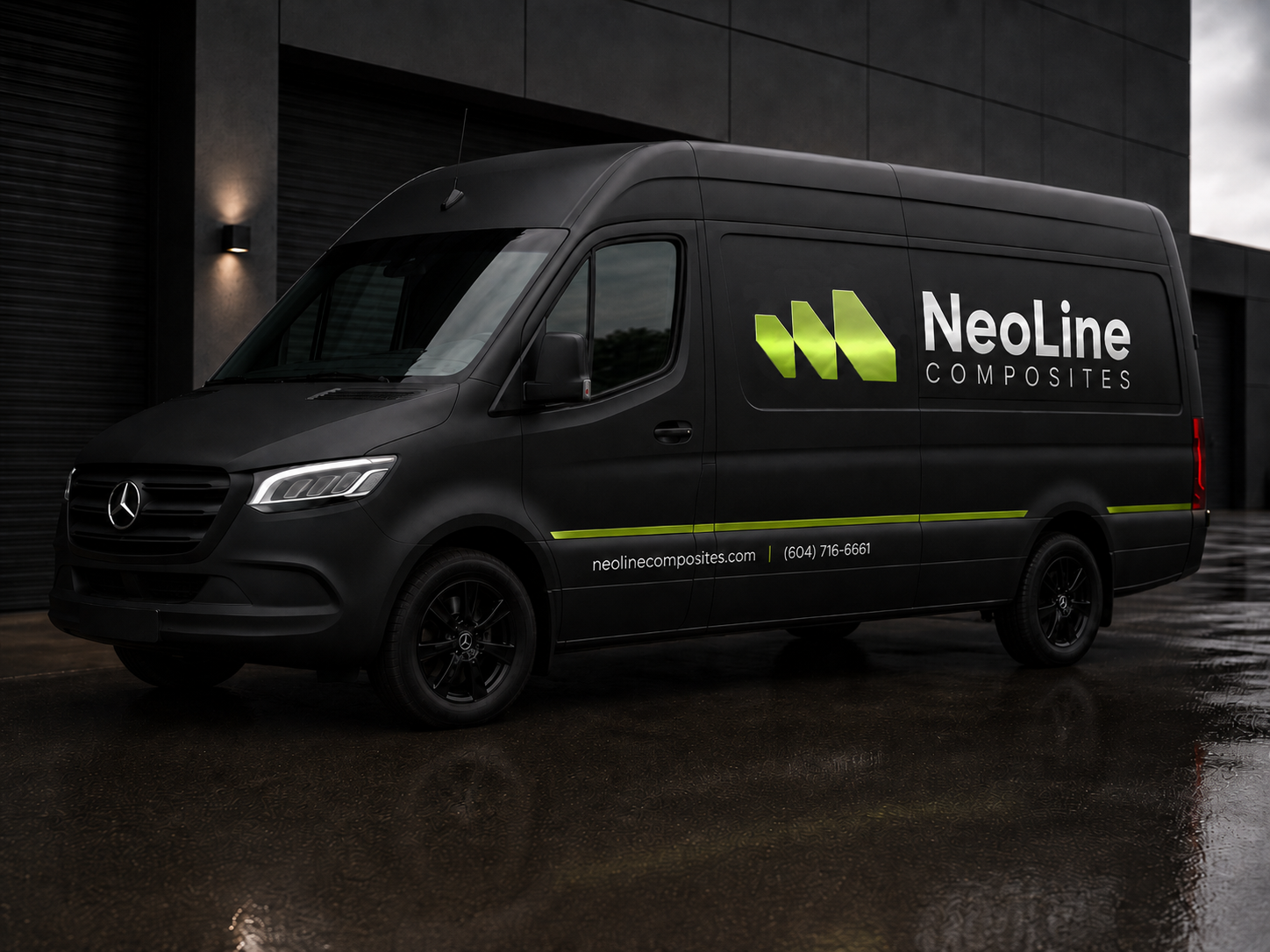 NeoLine Composites branded Mercedes-Benz Sprinter van with lime icon and wordmark