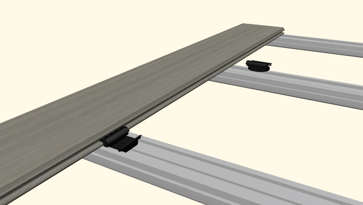 A ZeroGap board seated over concealed clips on aluminum joists