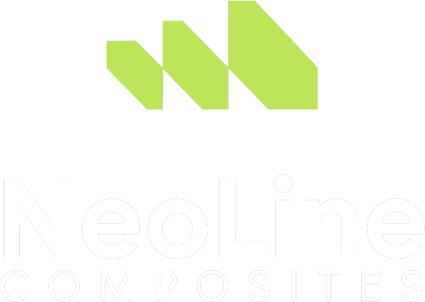 NeoLine Composites vertical logo, white type with lime icon