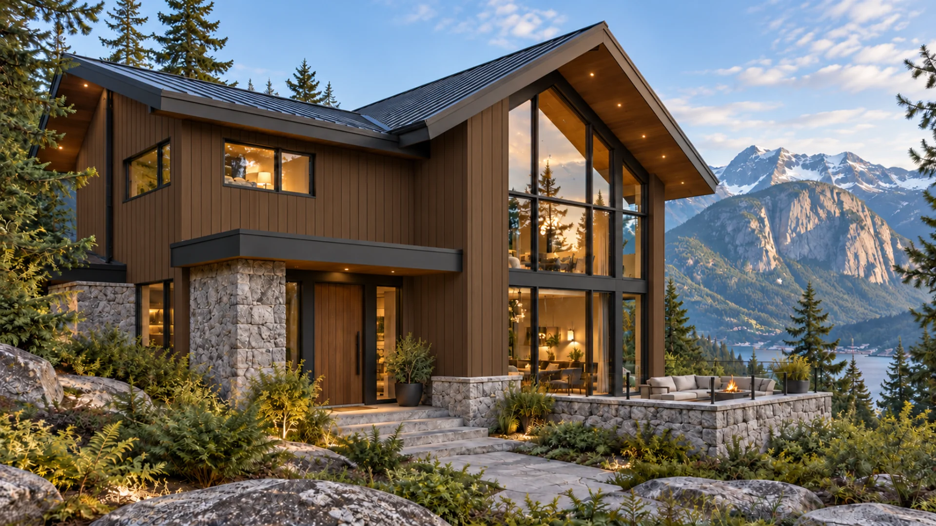 Dark Walnut panel siding on a contemporary mountain home — architectural visualization