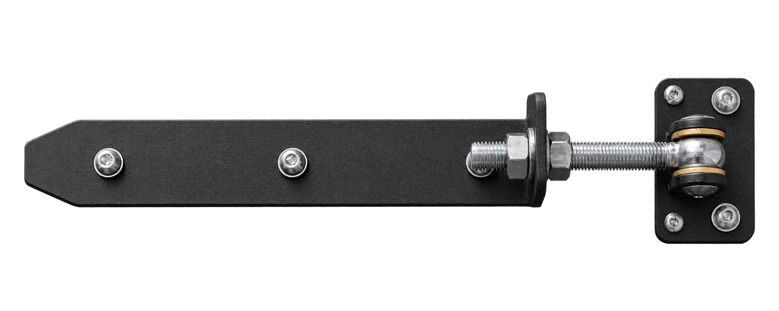 Black adjustable gate hinge with a threaded silver rod and mounting plate