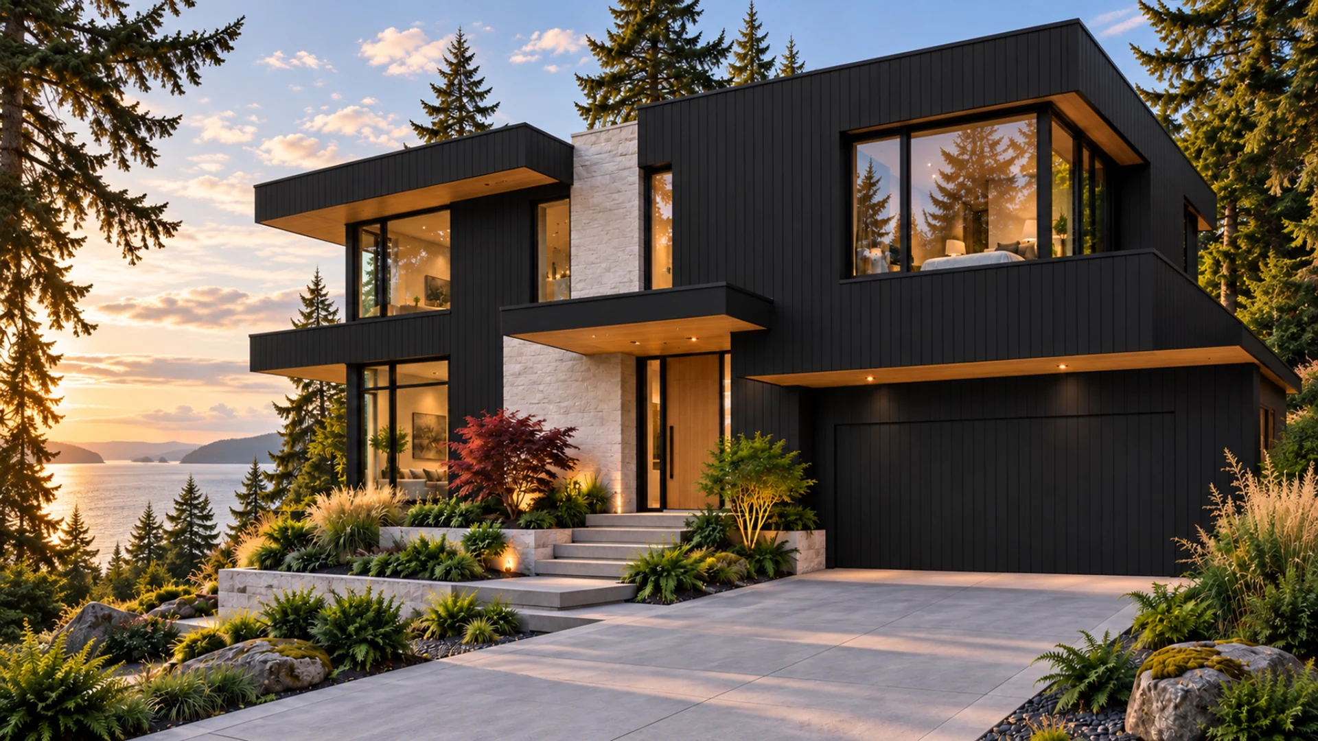 Architectural visualisation of a contemporary home with Onyx Black composite siding, warm interior light and landscaped gardens
