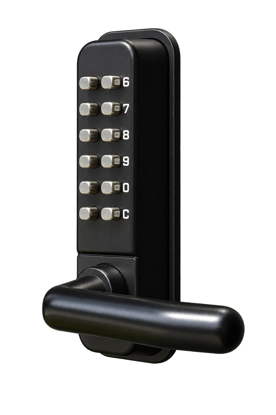 Black mechanical PIN-code gate lock with silver push buttons and a lever handle