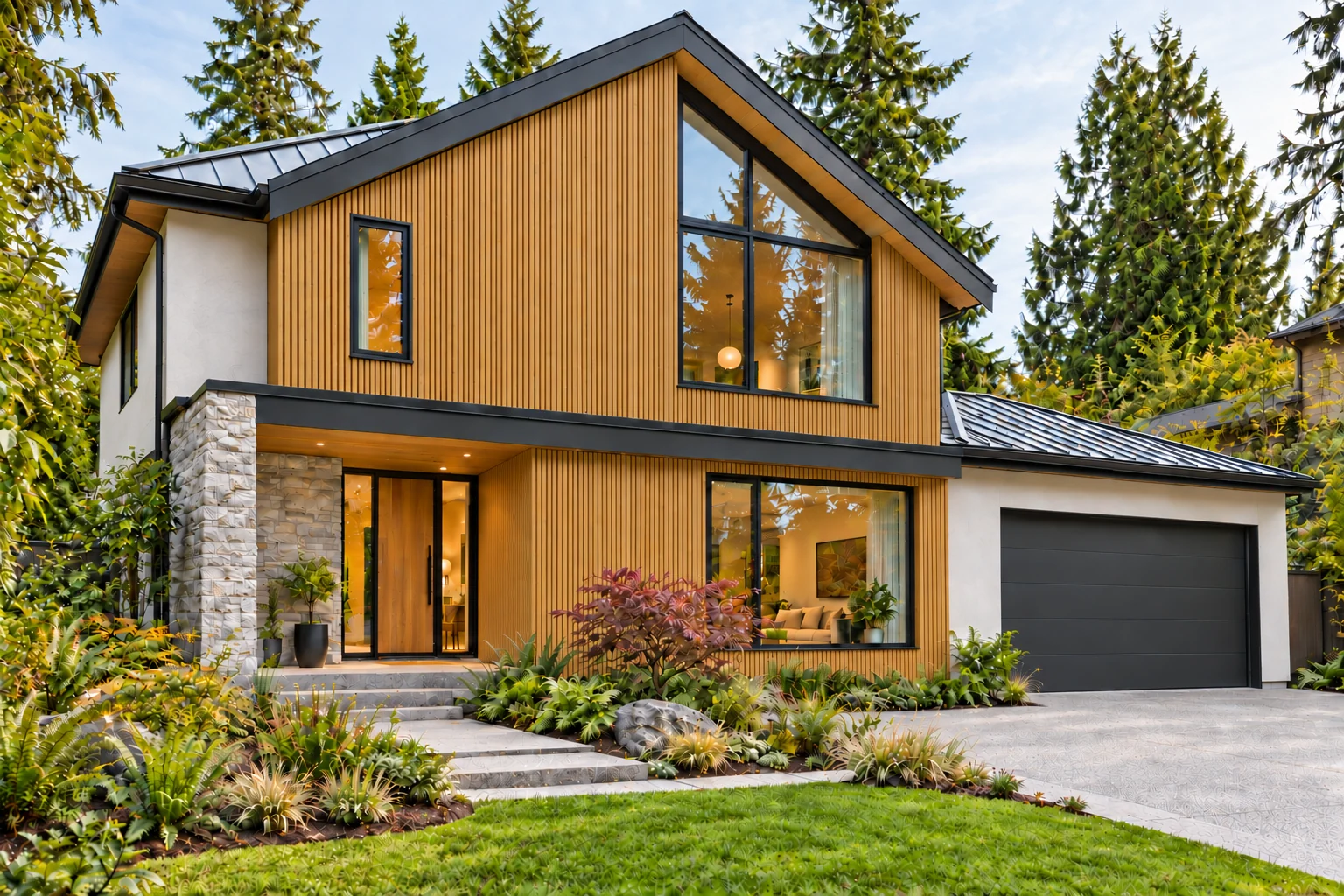 Golden Oak fluted siding on a contemporary home — architectural visualization