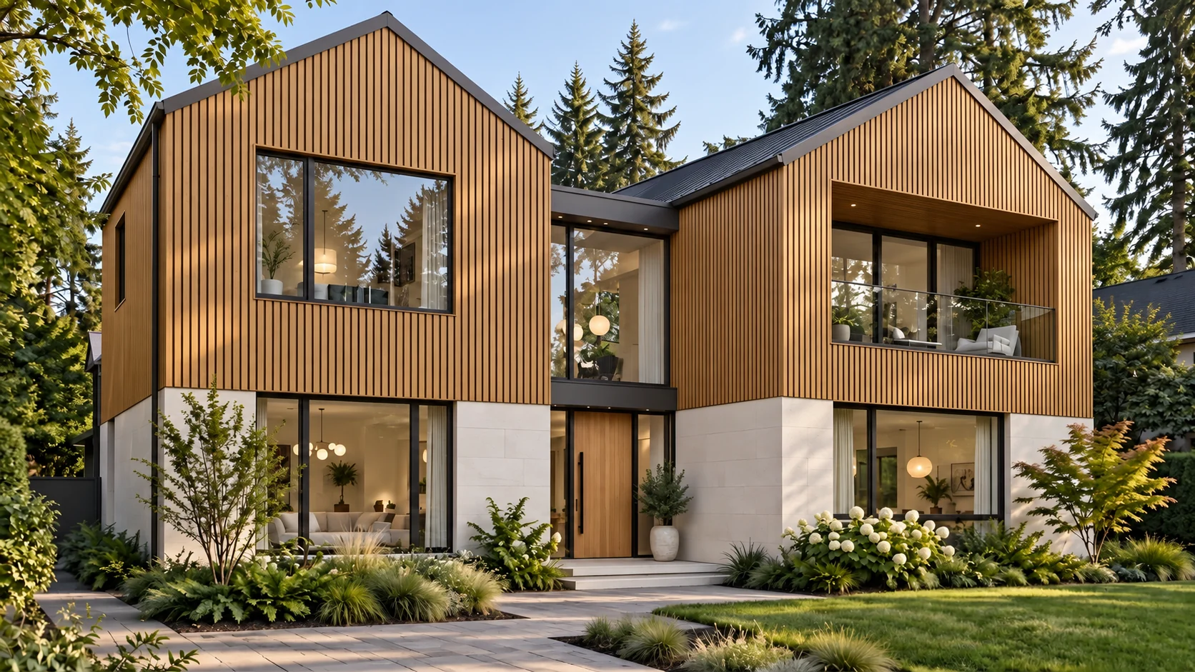 Architectural visualisation of a modern house with Honey Oak fluted siding