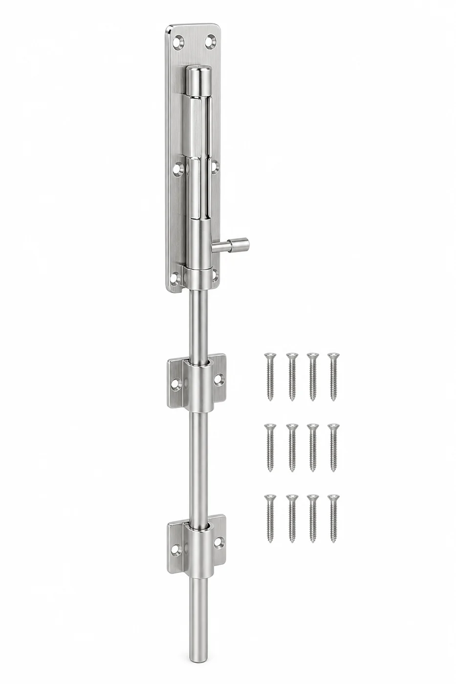 Silver gate drop bolt with mounting guides and fixing screws
